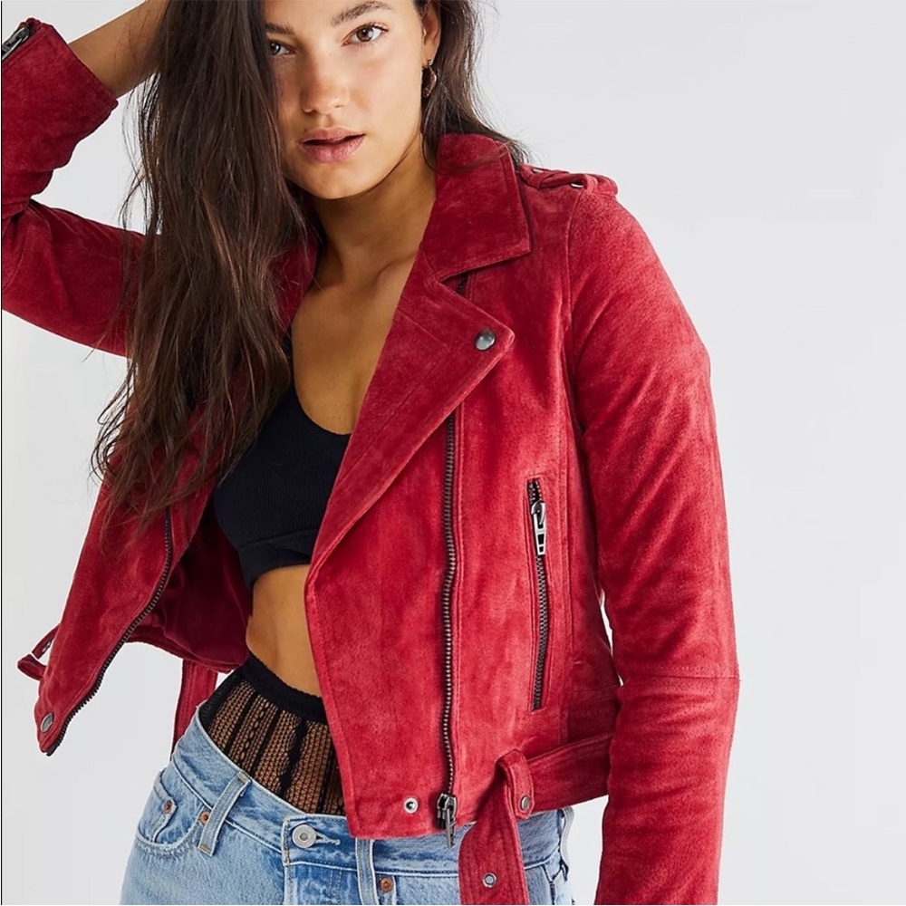 Blank NYC Red Suede Moto Jacket Free People Size Small S